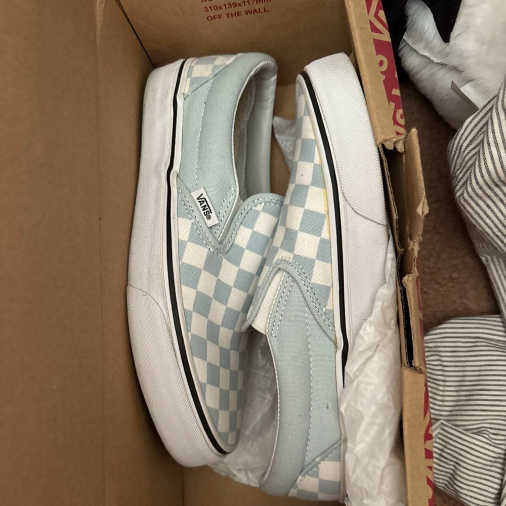 Vans Light Blue and White Checkered Slip-Ons